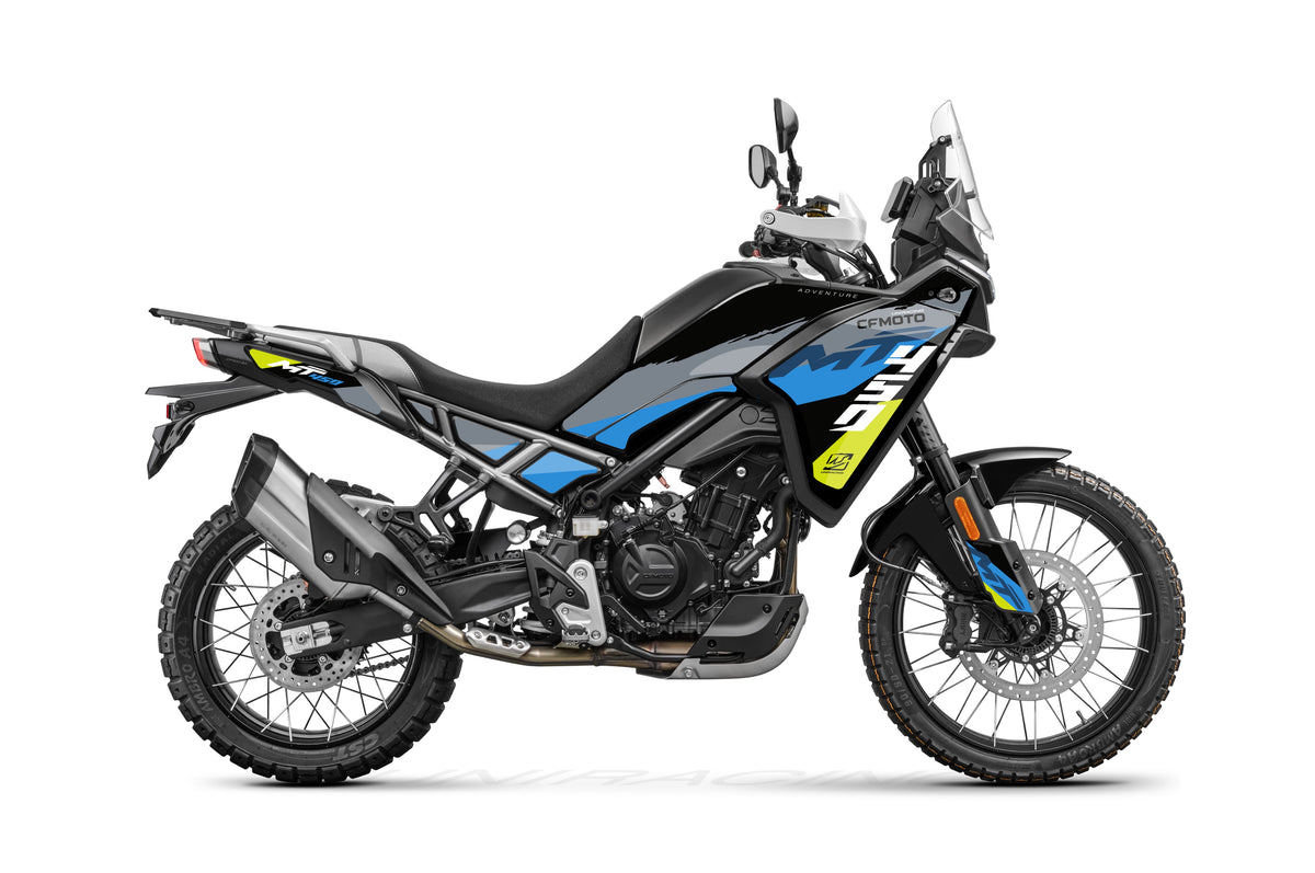 Kit de adhesivos CFMOTO 450MT Neon en azul, gris, negro y amarillo neón